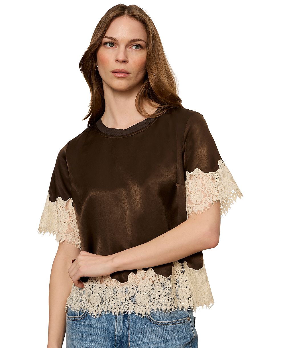 Sanctuary Women's One Of A Kind Satin Lace-Trim Blouse