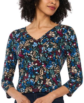 Vince Camuto Women's Floral-Print V-Neck 3/4 Sleeve T-Shirt