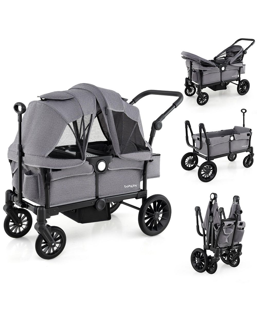Costway Foldable Wagon Stroller for 4 Kids with Removable Canopy