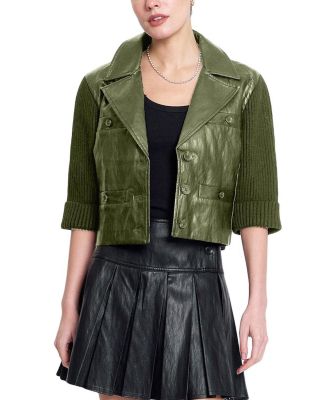 Central Park West Women's Quinn Faux-Leather with Knit Sleeves Cropped Jacket