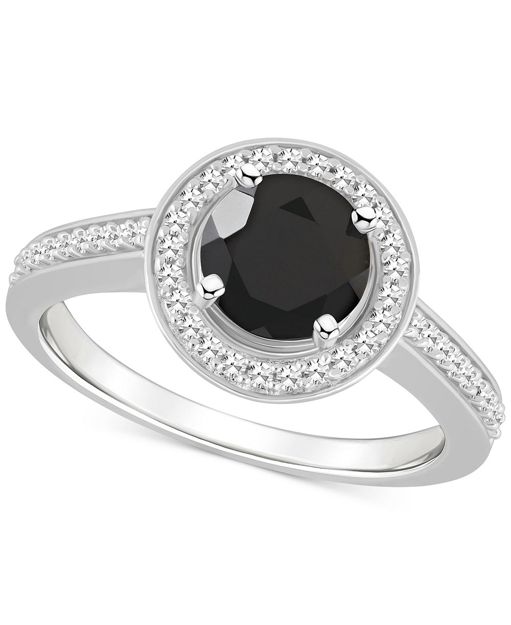 Onyx & Diamond (1/5 ct. t.w.) Halo Ring in Sterling Silver (Also available in Labradorite and Turquoise)