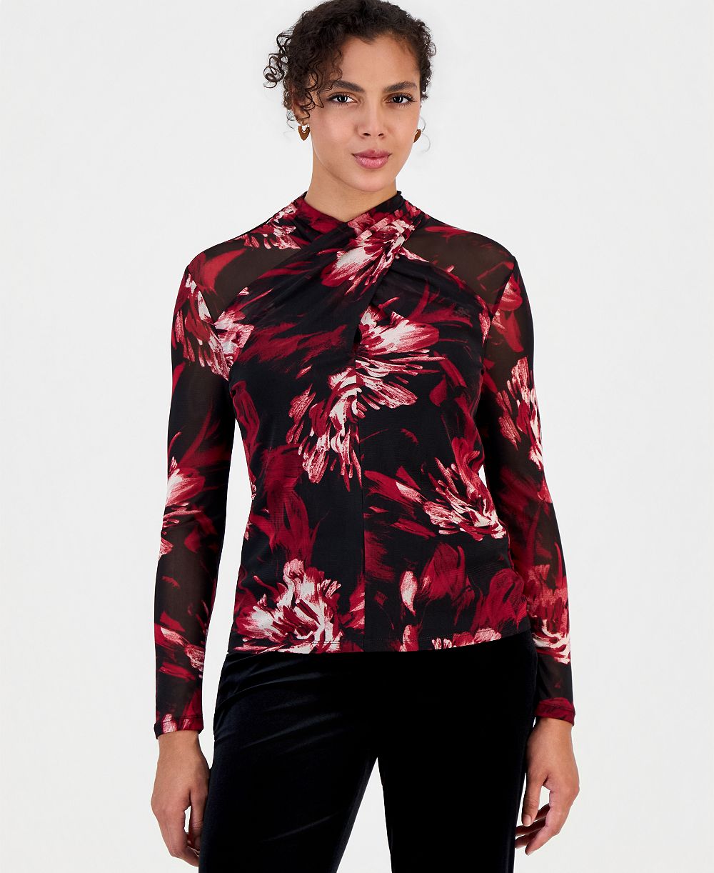Bar III Women's Floral-Print Mesh Long-Sleeve Blouse, Macy's Exclusive