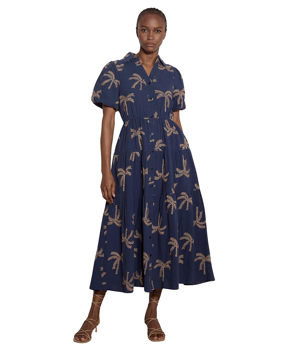 Apricot Женский Embroidered Puff-Sleeve Tiered Midi Dress
