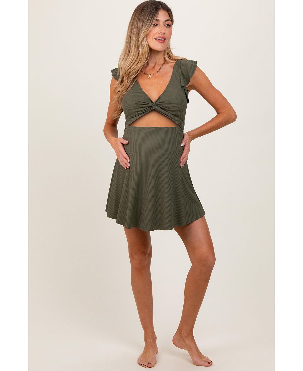 Pinkblush Женское трикотажное платье для плавания с оборками и перекрутом, оливковое