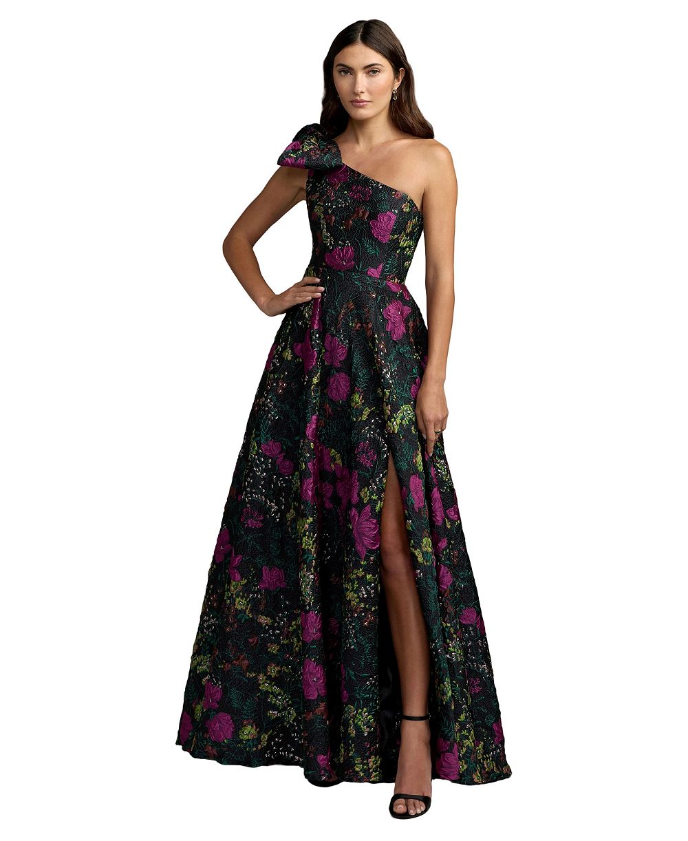 Mac Duggal Petite One-Shoulder Floral-Brocade Oversized-Bow Ball Gown