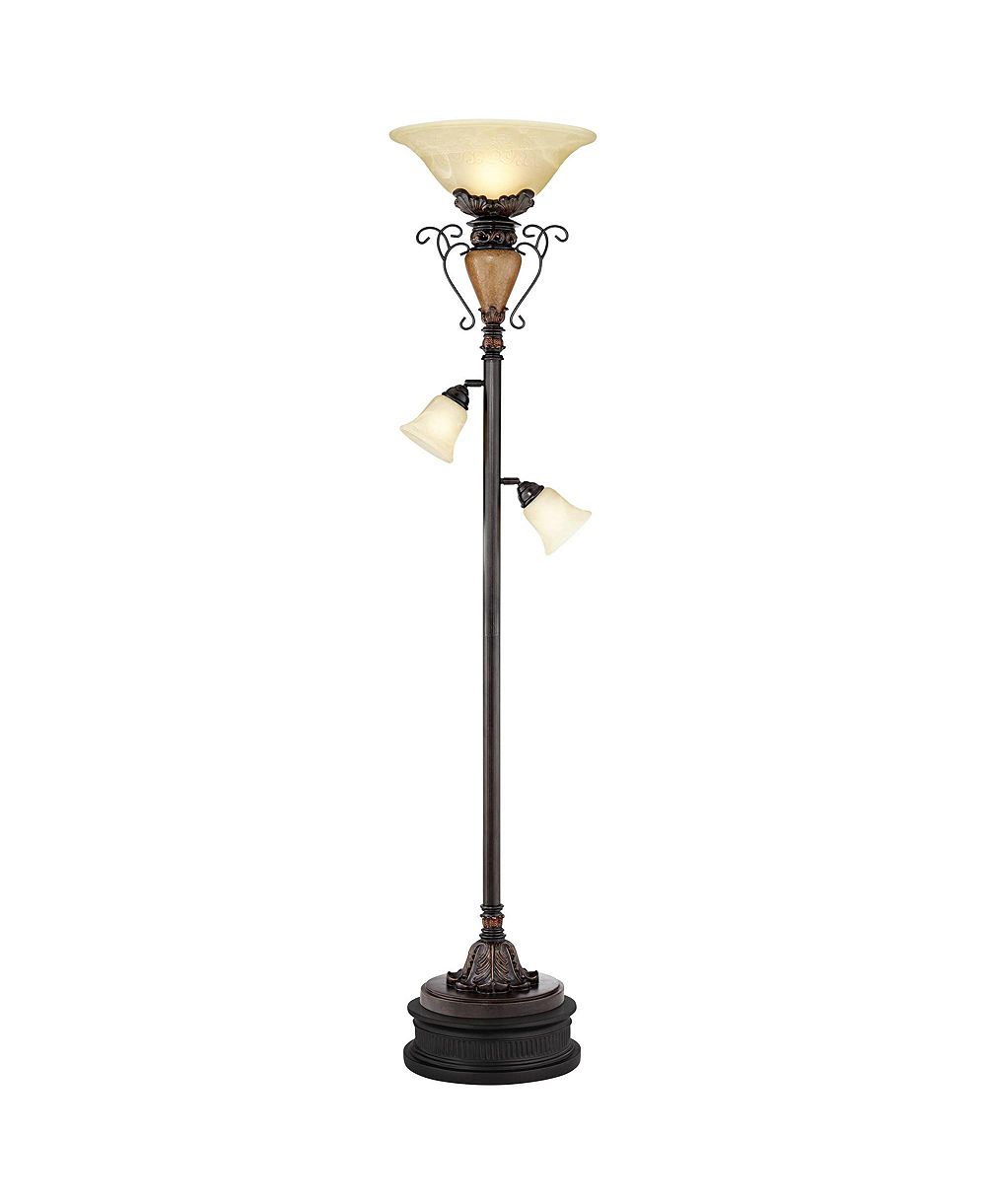 Possini Euro Design Ludo Rustic Vintage Torchiere Floor Lamp with Black Riser Side Lights 72" Tall Bronze Crackle Adjustable Alabaster Glass for