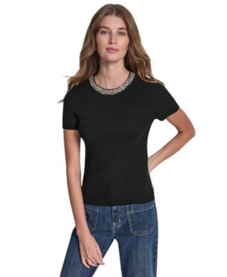 DKNY Jeans Petite Embellished Ribbed-Knit Short-Sleeve Crewneck Sweater