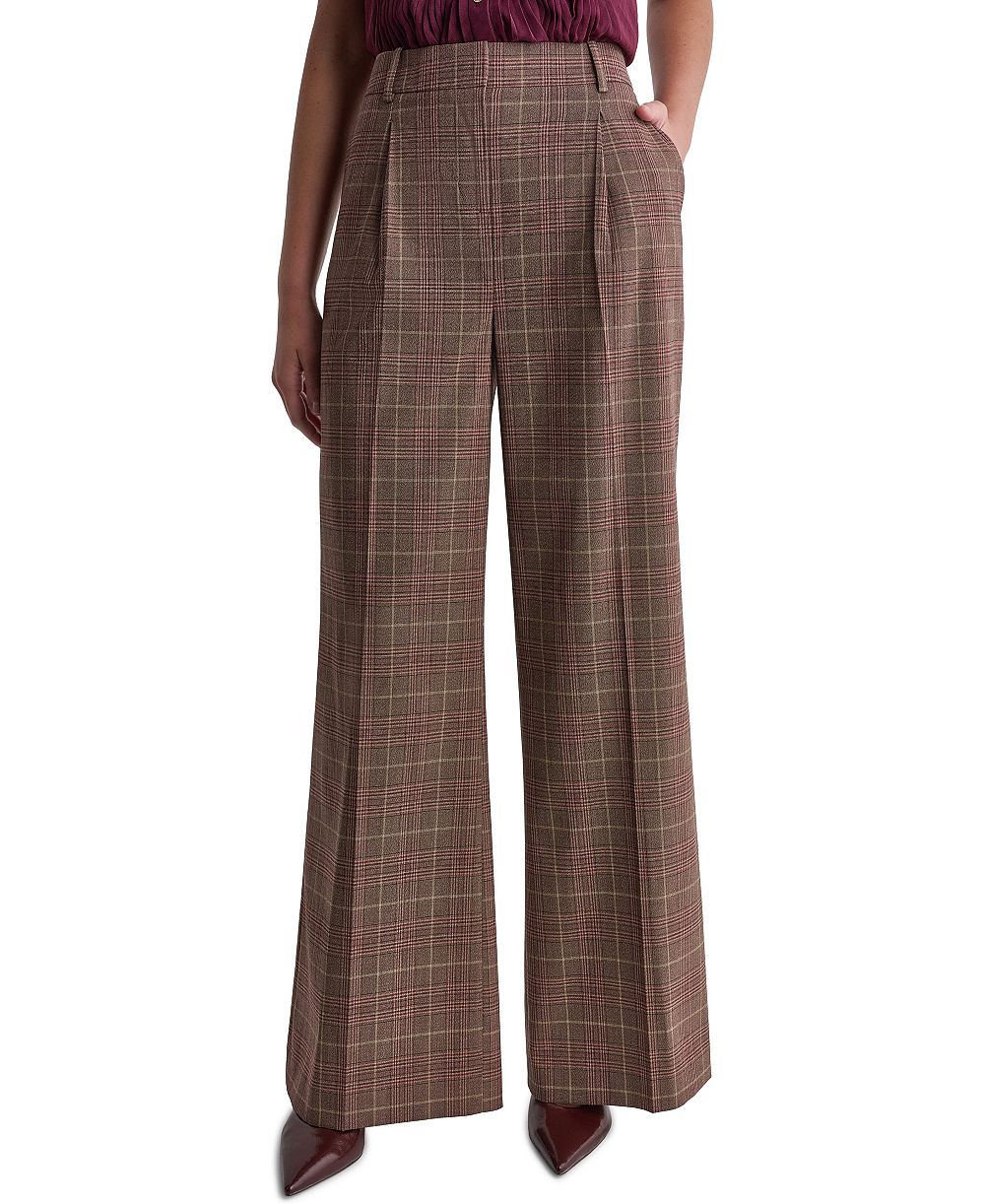 BCBG Women's Wide-Leg Pleated Plaid Pants