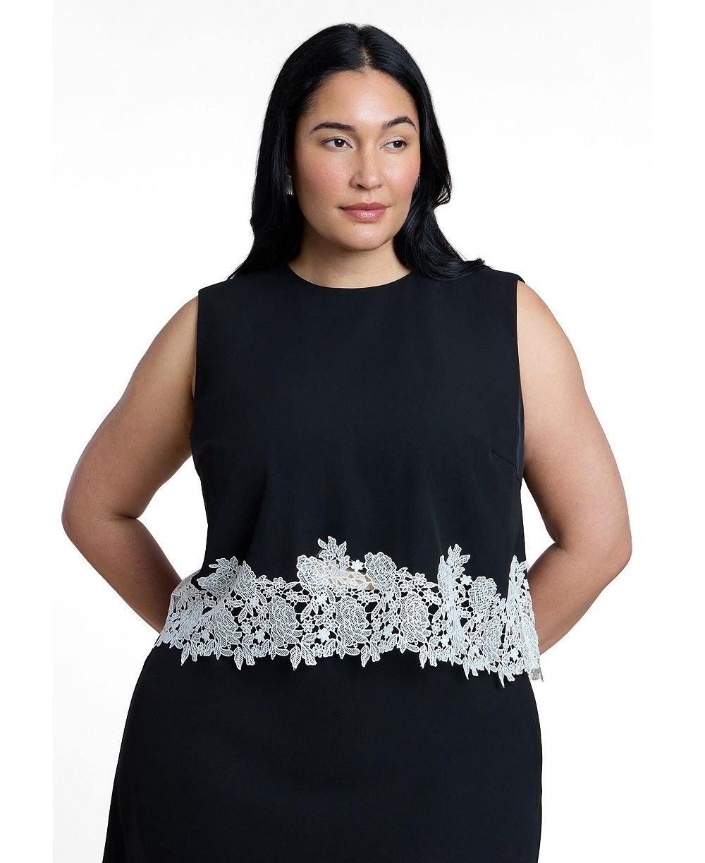 ELOQUII Plus Size Lace-Trimmed Jewel Neckline Top
