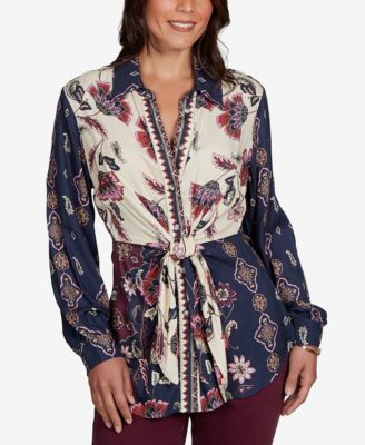 Ruby Rd. Petite Garden Tie-Front Long-Sleeve Floral-Print Blouse