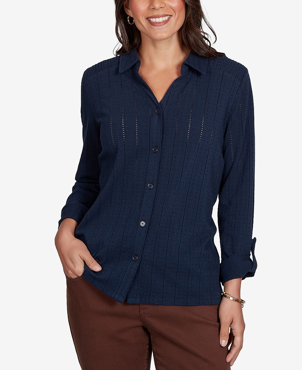 Ruby Rd. Petite Striped 3/4-Sleeve Henley Collar Blouse