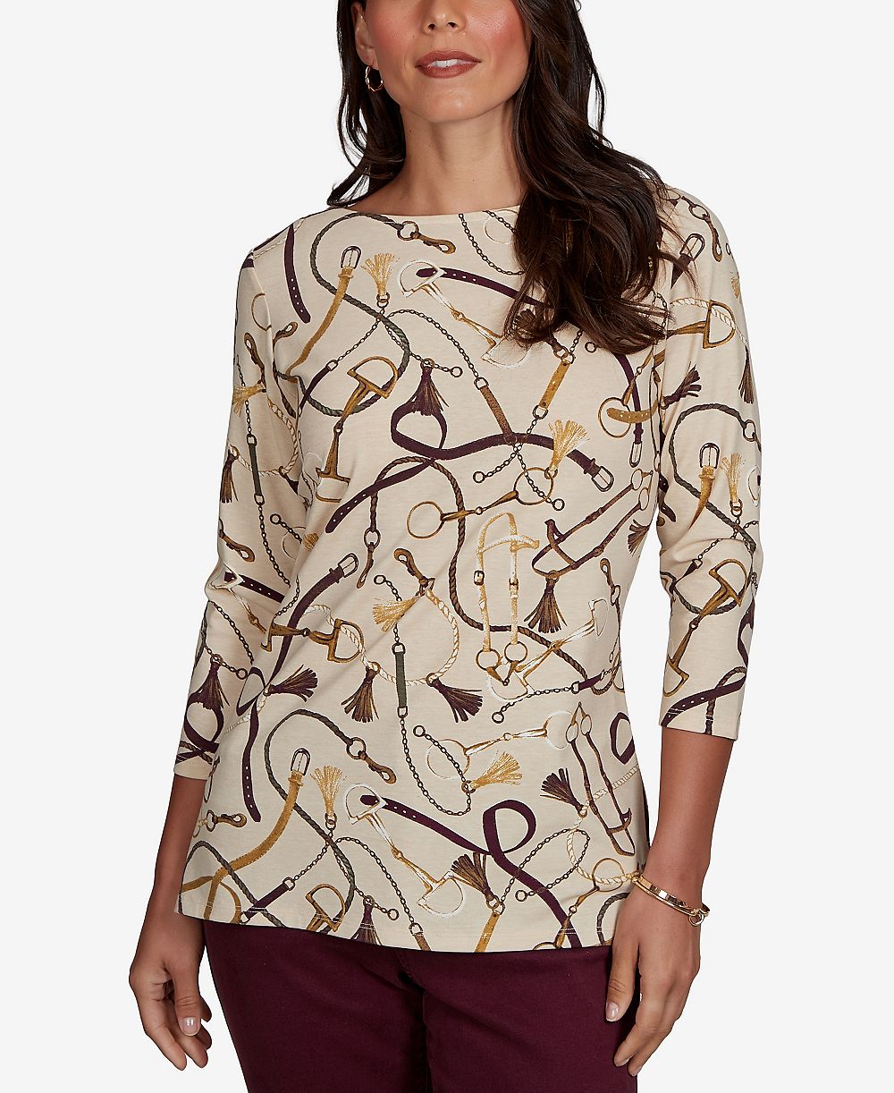 Ruby Rd. Petite Boat Neck 3/4-Sleeve Equestrian Print Blouse