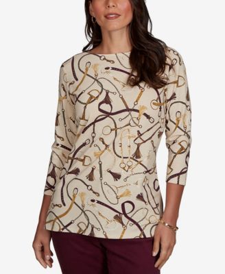 Ruby Rd. Petite Boat Neck 3/4-Sleeve Equestrian Print Blouse