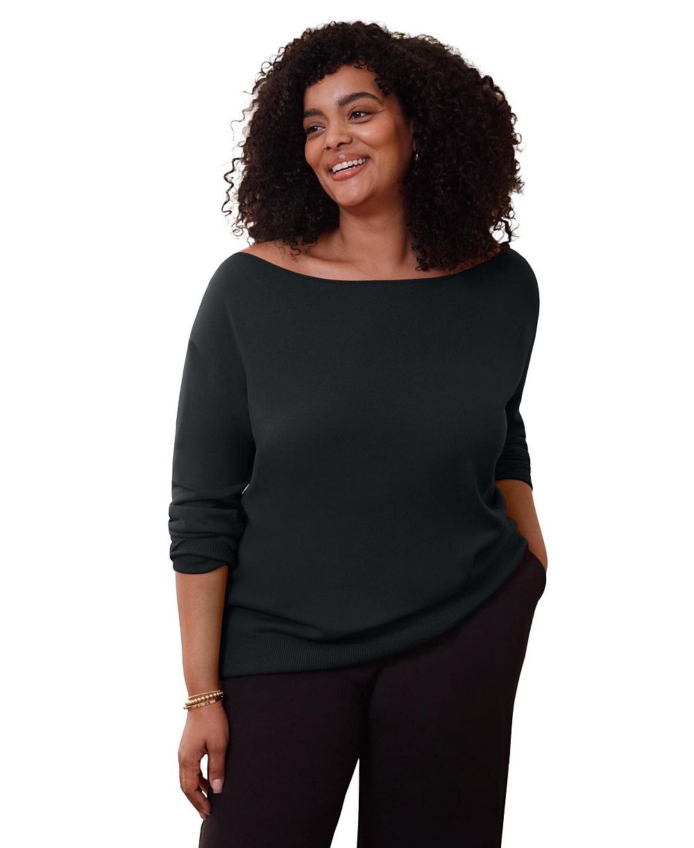 AVENUE Plus Size Convertible Pullover Fine-Gauge Knit Funnel Neck Sweater