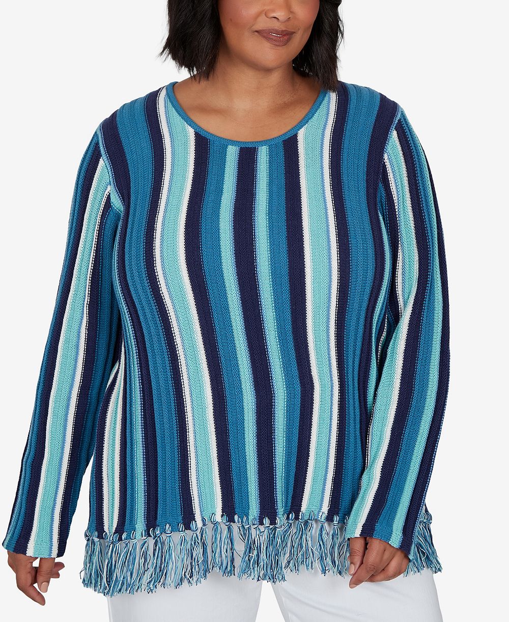 HEARTS OF PALM Plus Size Stripe Fringe 3/4-Sleeve Pullover