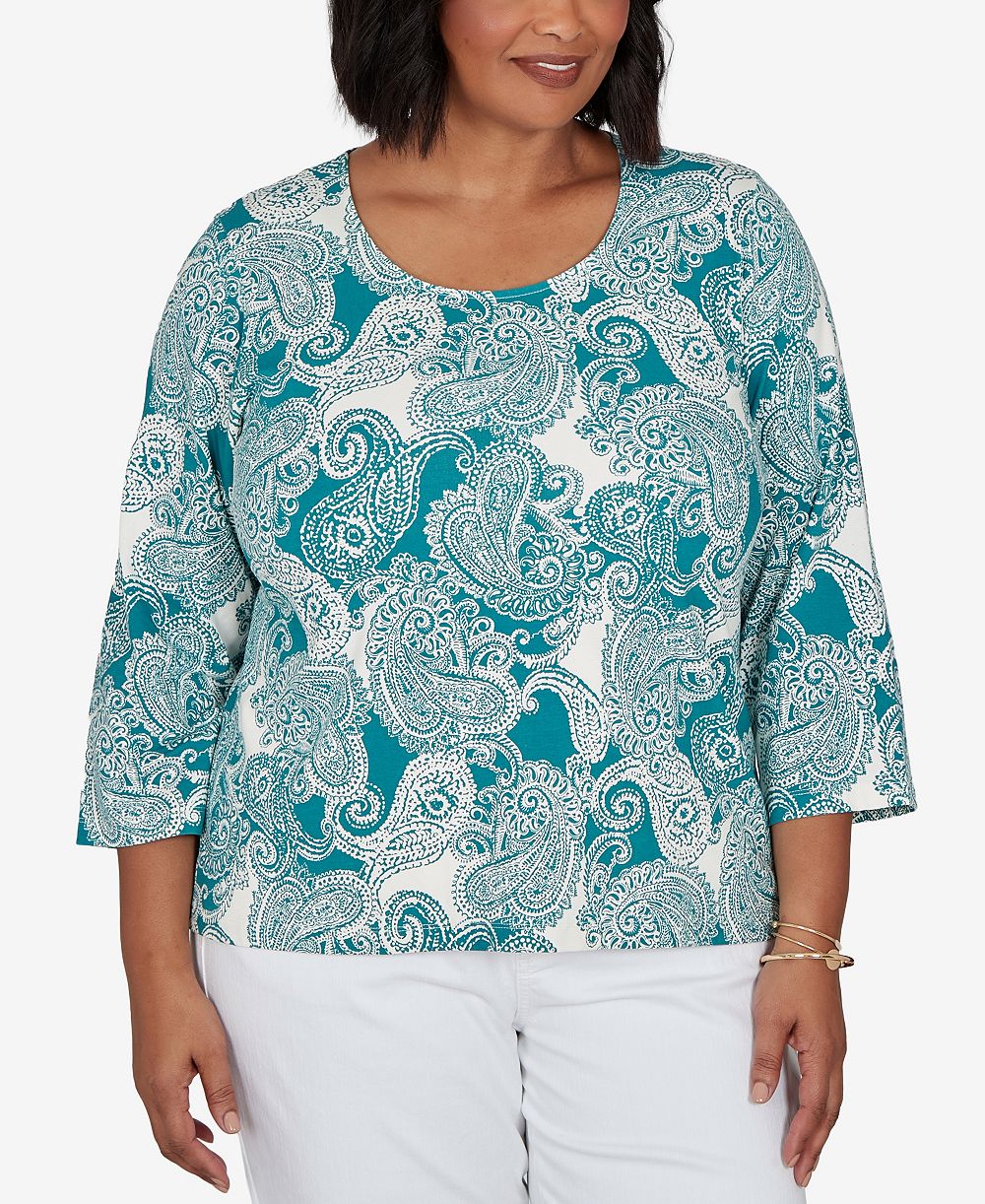 Топ HEARTS OF PALM Plus Size Stamped Paisley 3/4-Sleeve Scoop Neck