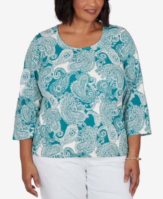 Топ HEARTS OF PALM Plus Size Stamped Paisley 3/4-Sleeve Scoop Neck