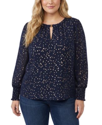 NY Collection Plus Size Metallic-Dot Long-Sleeve Smocked-Cuff Blouse