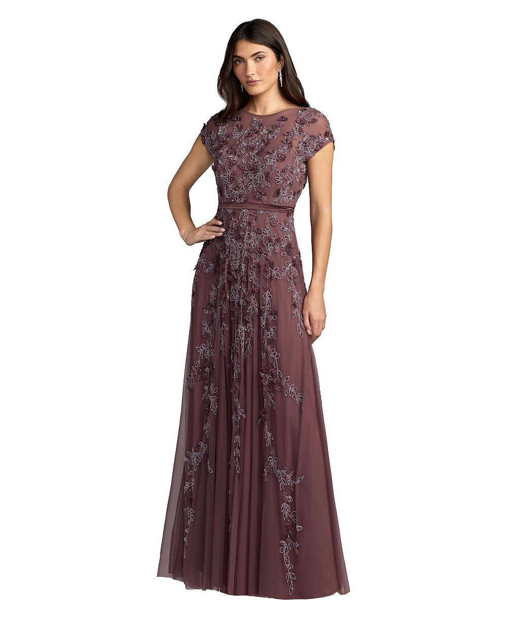 Женское вечернее платье Mac Duggal А-силуэта с коротким рукавом и цветочной отделкой