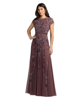 Женское вечернее платье Mac Duggal А-силуэта с коротким рукавом и цветочной отделкой