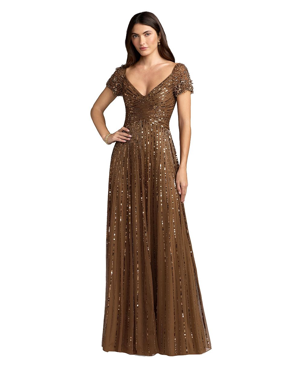 Женское вечернее платье Mac Duggal Beaded Cap Sleeve V-Neck A-Line