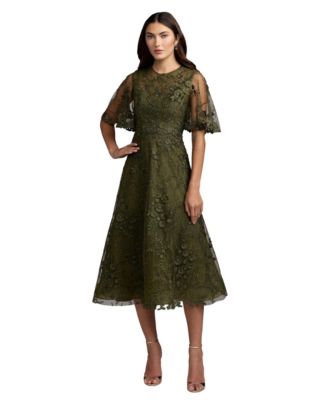 Mac Duggal Women's Floral Embroidered Flutter Sleeve Midi Dress