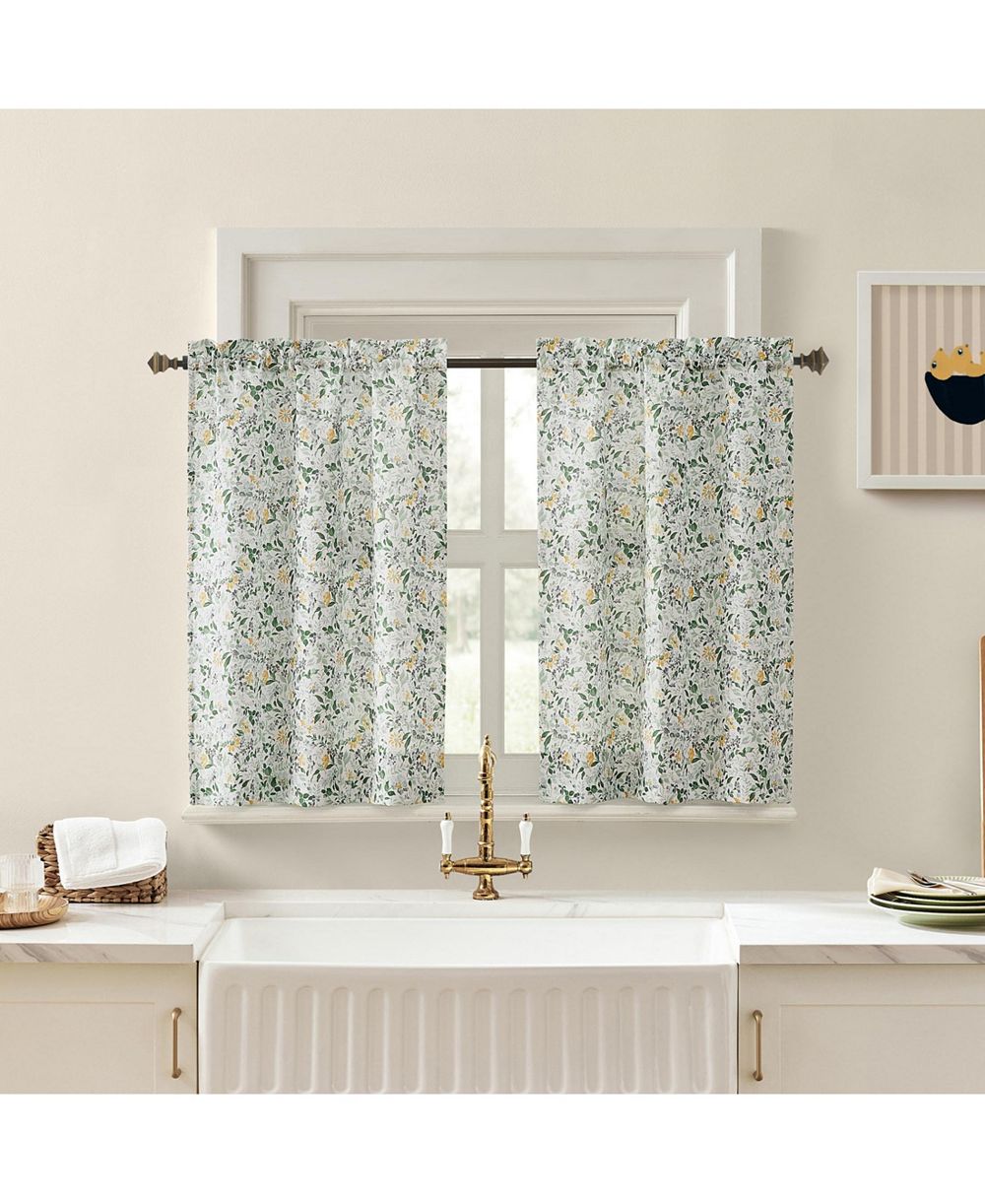 No. 918 Portia Watercolor Wildflower Semi-Sheer Rod Pocket Kitchen Curtain Tier Pair