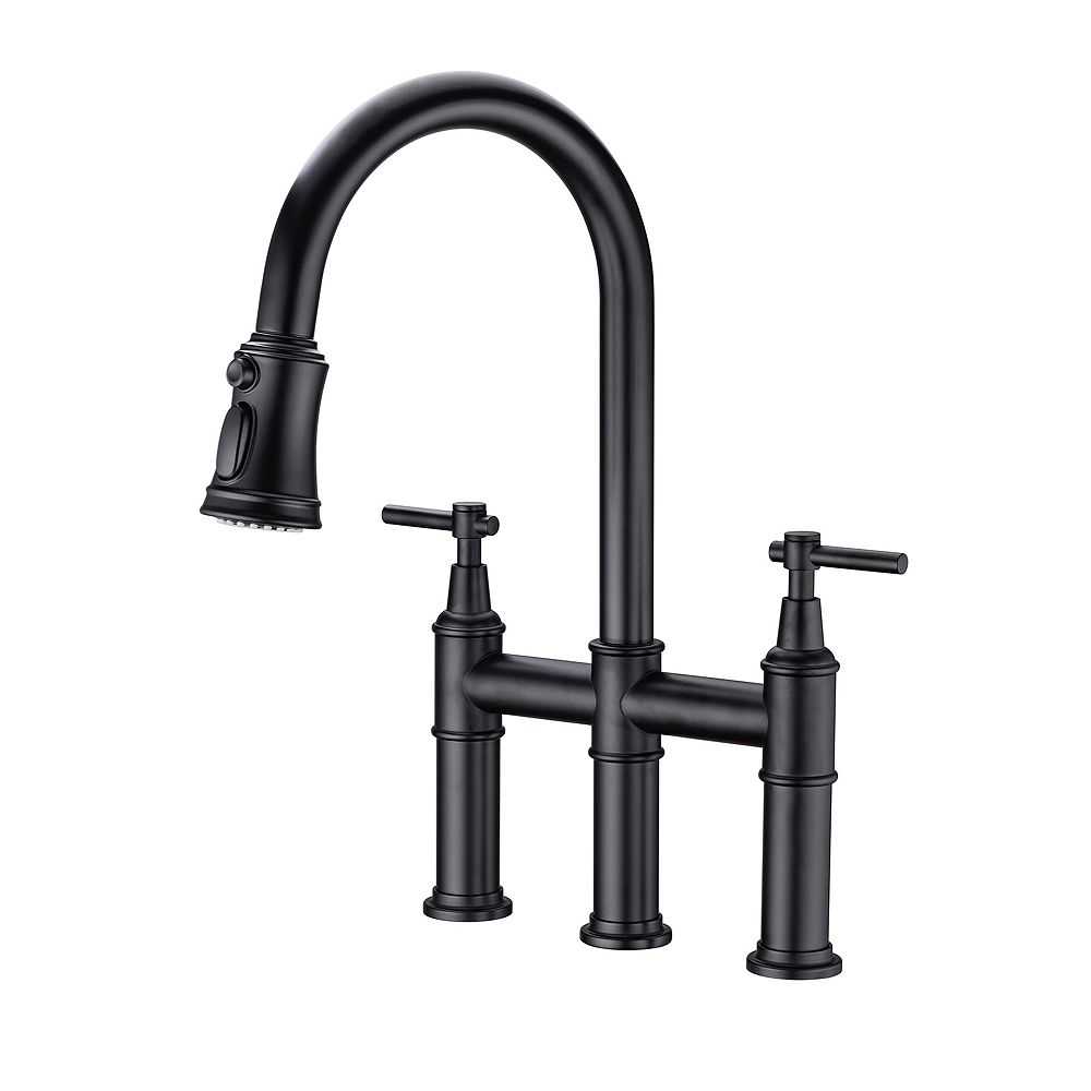 Thirtypeachy Bridge Kitchen Faucet with Pull-Down Sprayer, Dual Handle High Arc Brass Faucet with 360degree(s) Swivel Spout