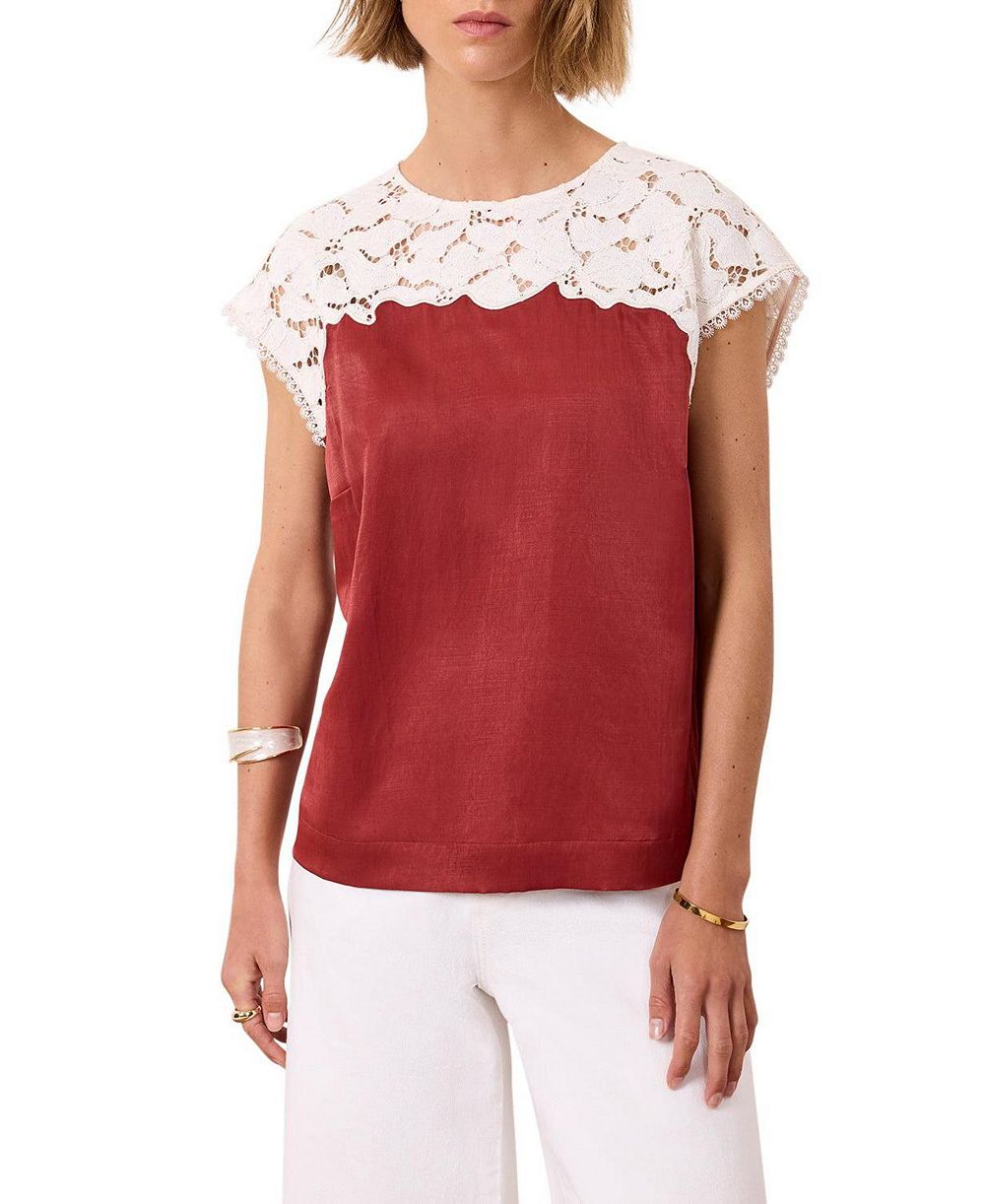 Mint Velvet женский топ из атласа и кружева с коротким рукавом