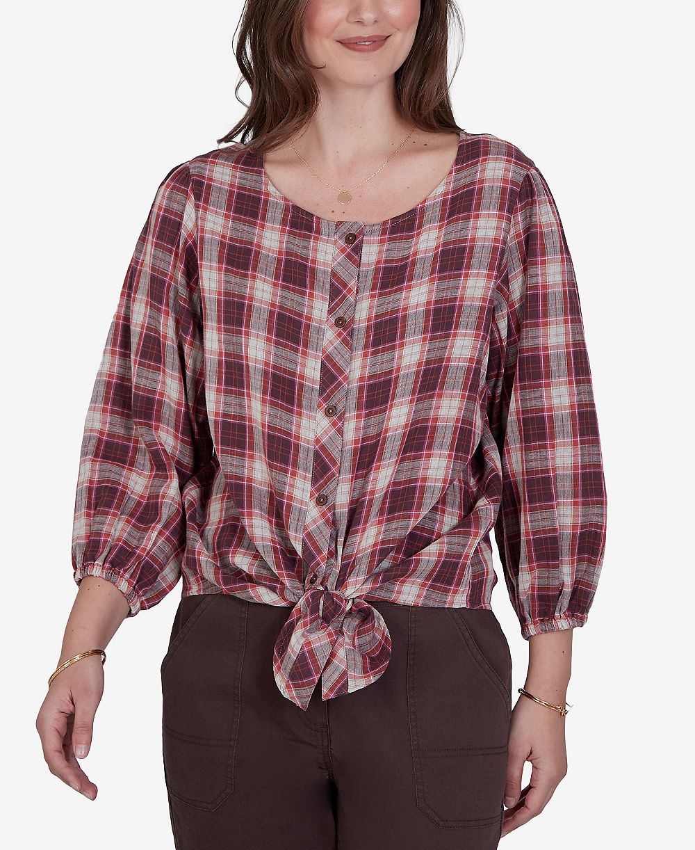 Рубашка Ruby Rd. Petite Homestead Plaid 3/4-Sleeve Button-Front