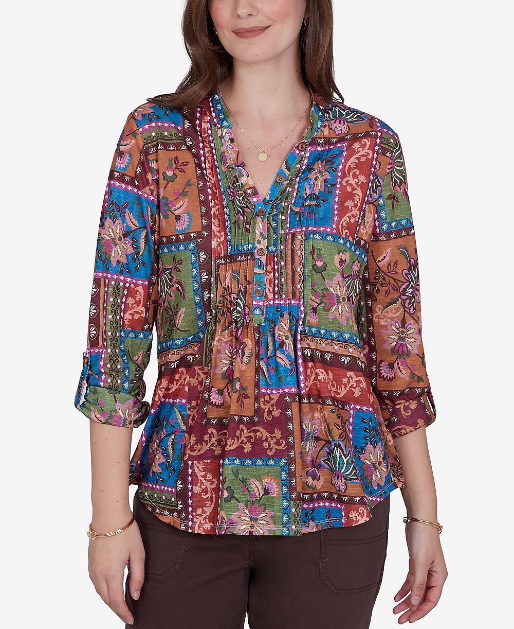 Женская блузка Ruby Rd. Petite Tapestry 3/4-Sleeve Floral-Print Button-Front