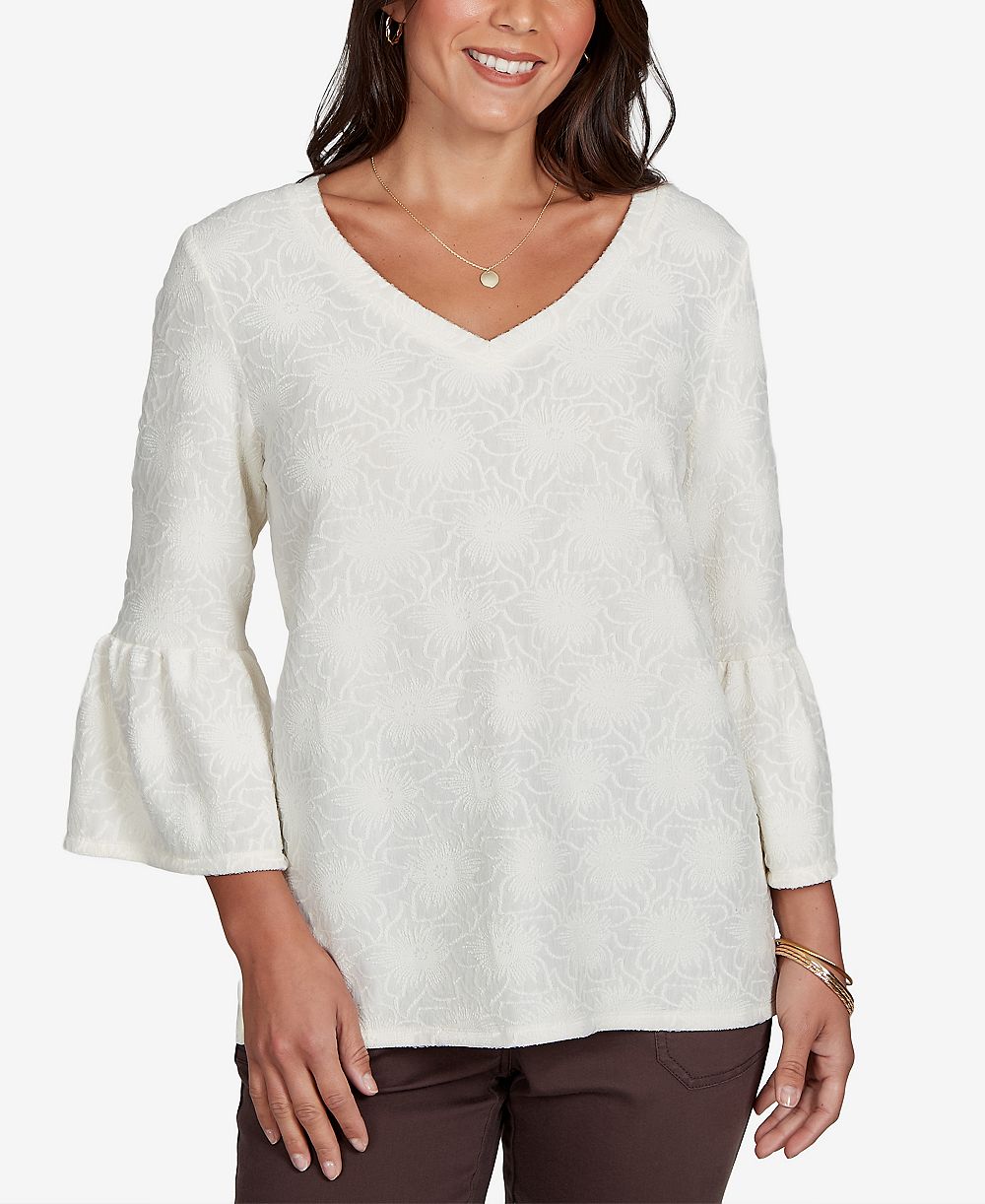 Ruby Rd. Petite V-Neck Floral-Print Bell-Sleeve Top