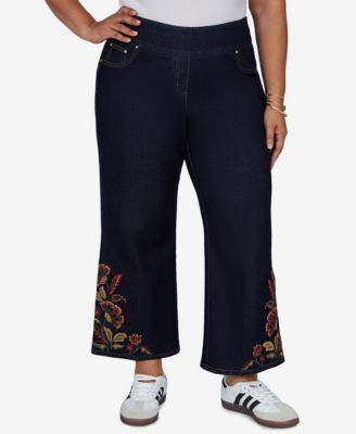 Ruby Rd. Plus Size Pull-On Wide-Leg Embroidered Jeans