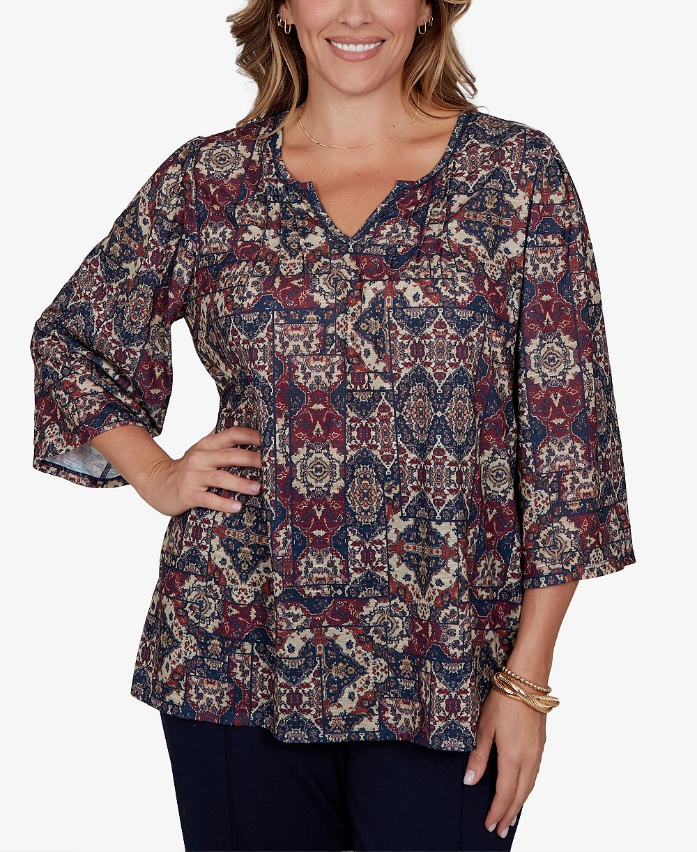 Ruby Rd. Plus Size Patchwork Henley 3/4-Sleeve Blouse