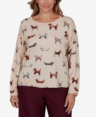 Ruby Rd. Plus Size Ballet Neckline Allover Dog Print Long-Sleeve Sweater