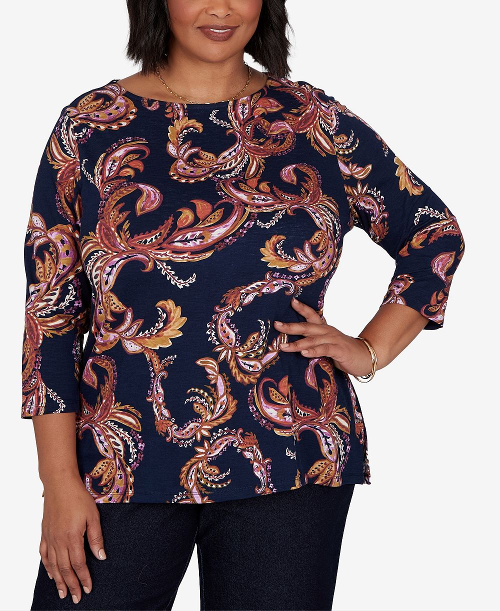 Женская футболка Ruby Rd. Plus Size Paisley 3/4-Sleeve Boat-Neck