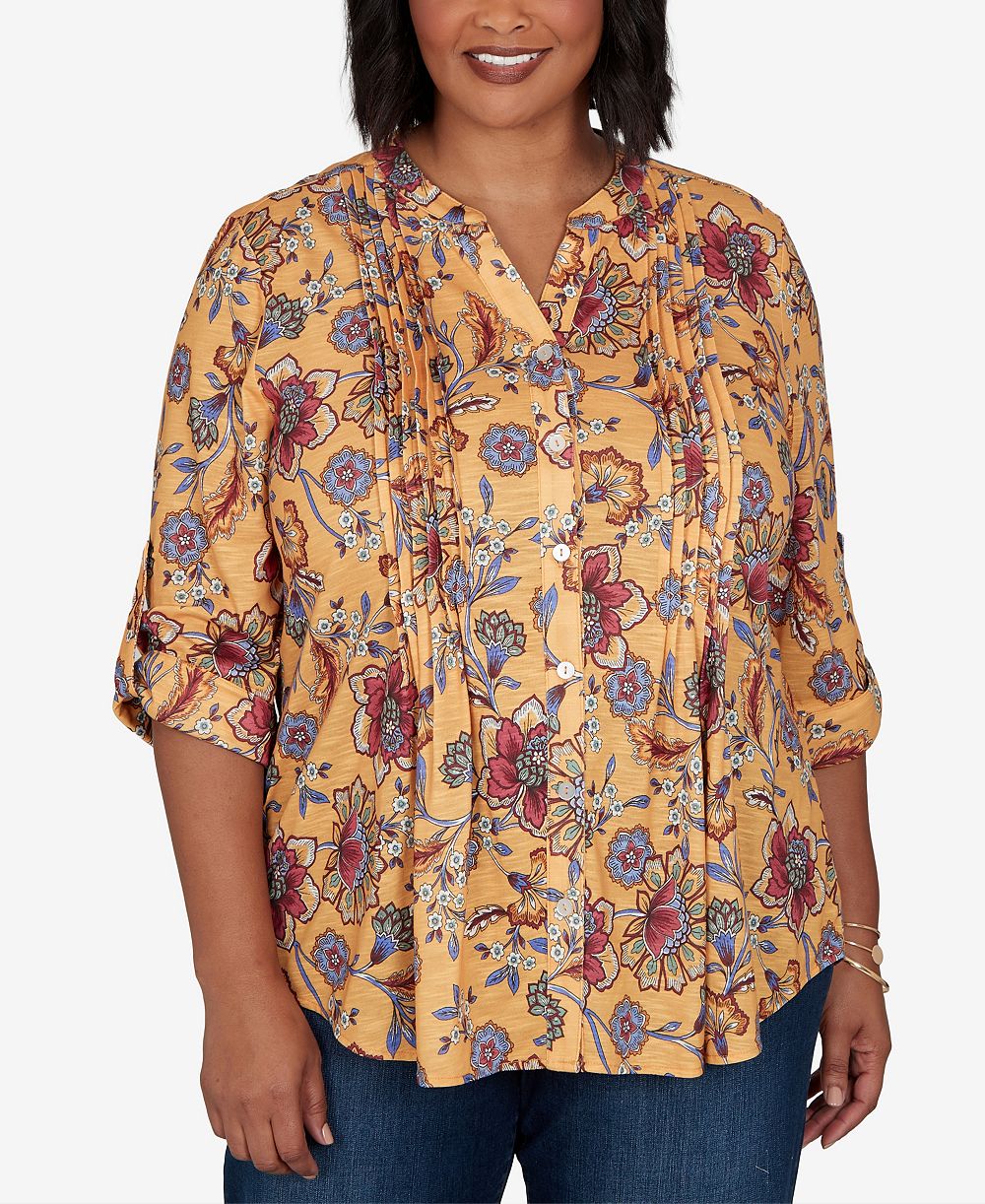 Ruby Rd. Plus Size Knit Vines Floral 3/4-Sleeve Henley Blouse