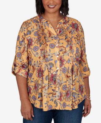 Ruby Rd. Plus Size Knit Vines Floral 3/4-Sleeve Henley Blouse