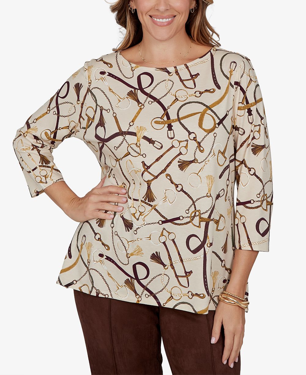 Ruby Rd. Plus Size Equestrian Boat Neck 3/4-Sleeve Top