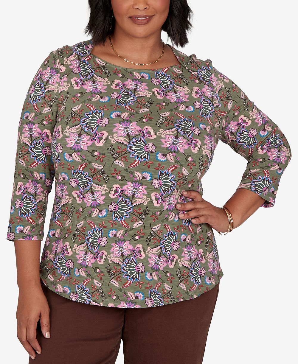 Ruby Rd. Plus Size Knt Garden Square Neck 3/4-Sleeve Floral Cotton-Blend футболка