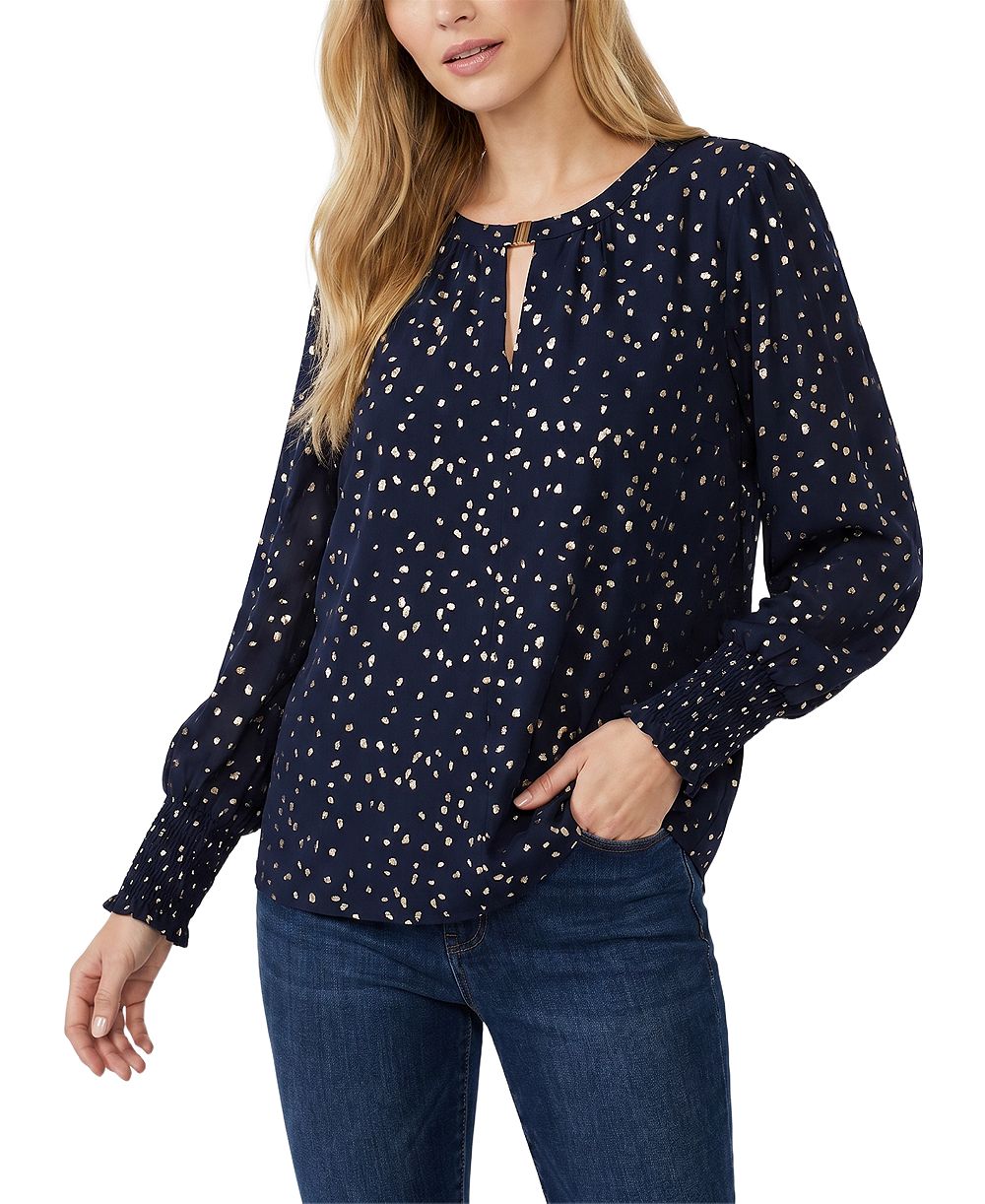 NY Collection Petite Блузка с длинным рукавом, металлическим оттенком и разрезом на шее