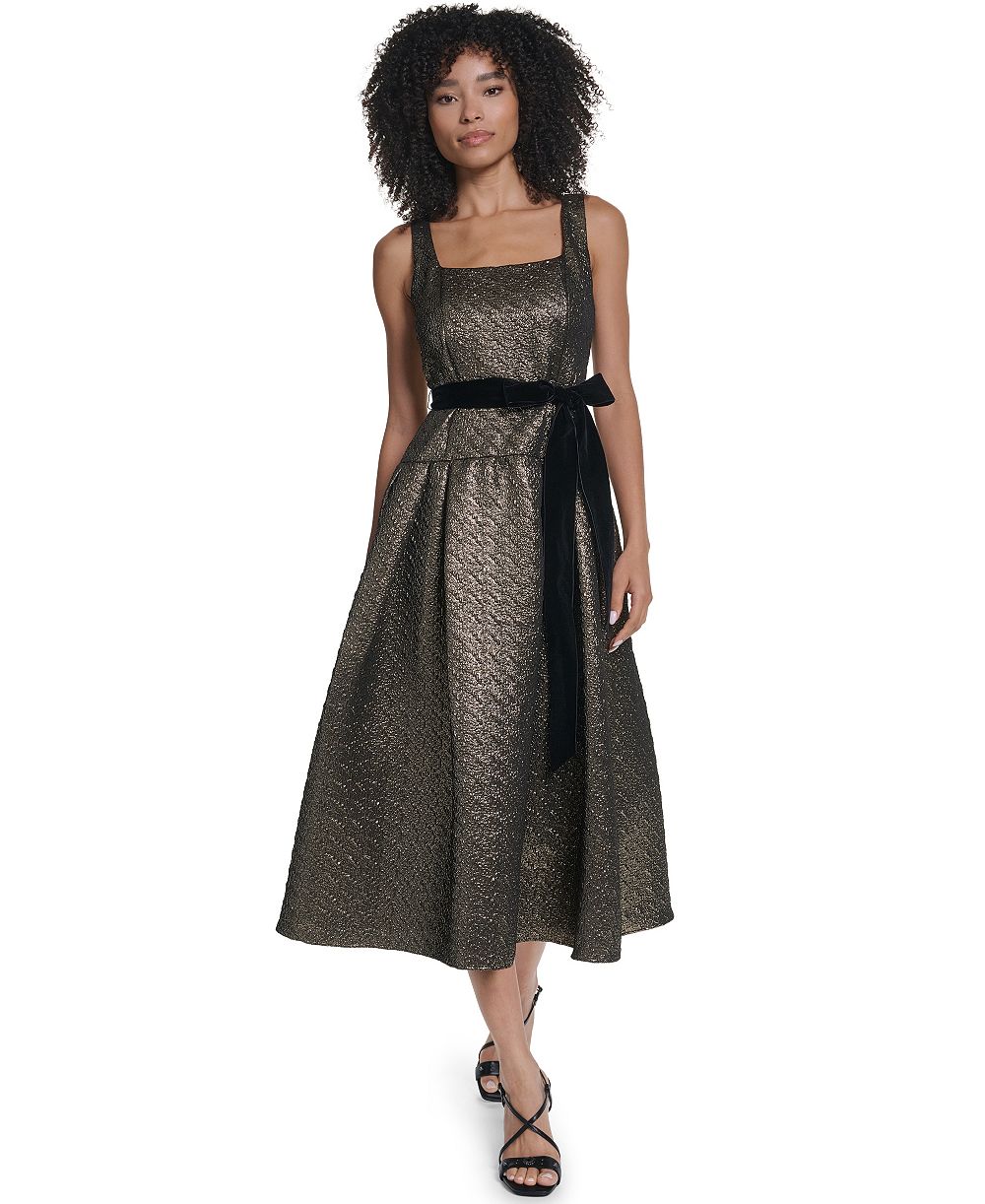 KARL LAGERFELD PARIS Women's Metallic-Jacquard Square-Neck Fit & Flare Midi Dress