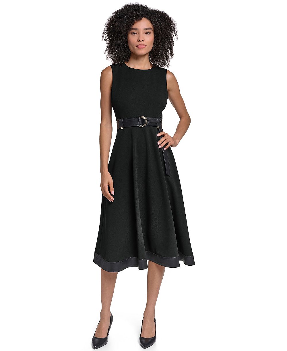 KARL LAGERFELD PARIS Women's Midi Crewneck Fit & Flare Dress