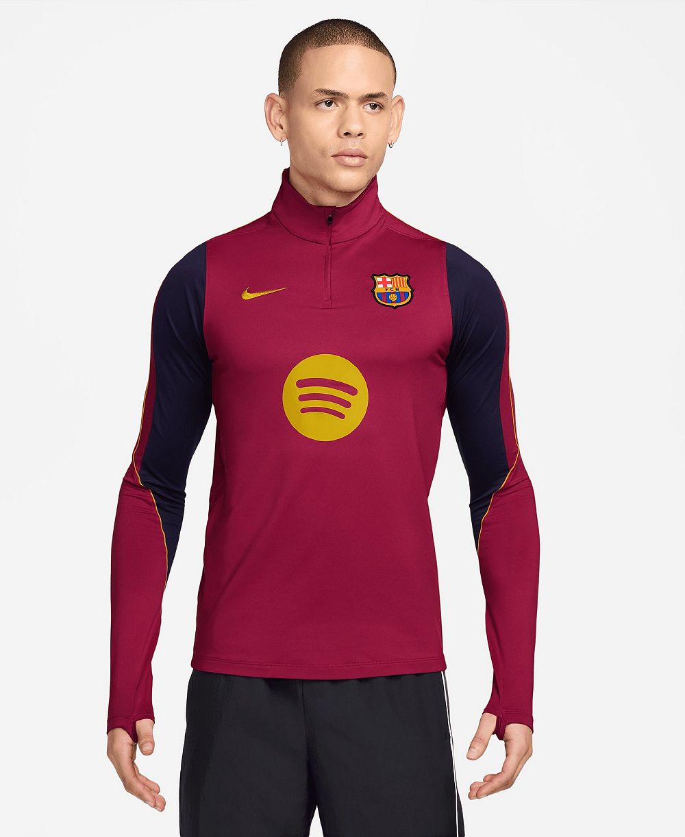 Nike мужская тренировочная футболка с длинным рукавом и четвертьзастежкой Dri-FIT, красная, Barcelona Strike