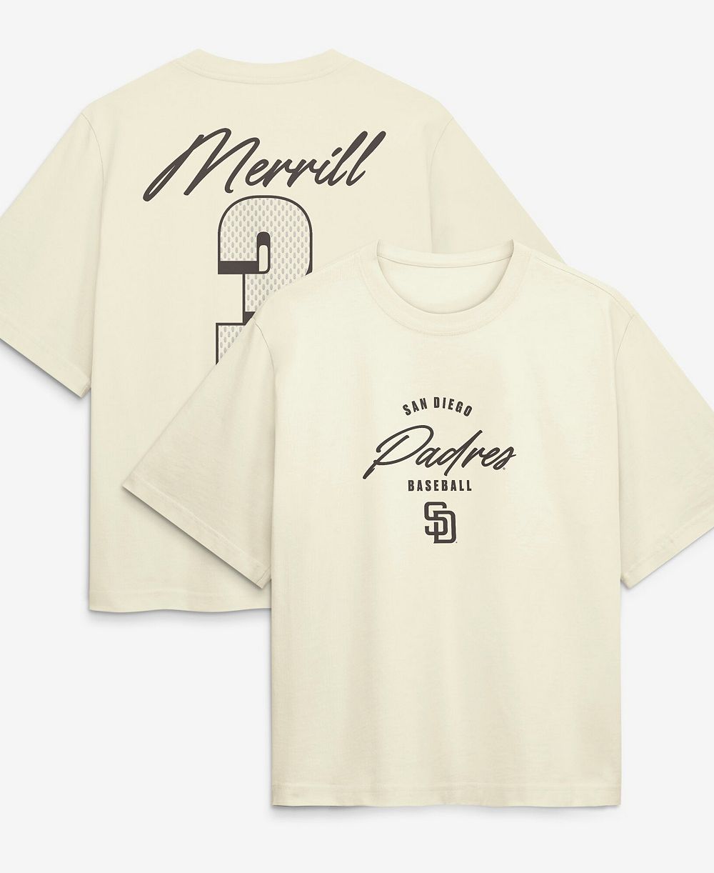 Nike Женские Jackson Merrill Cream San Diego Padres Premium Essentials коробчатая имя номер футболка