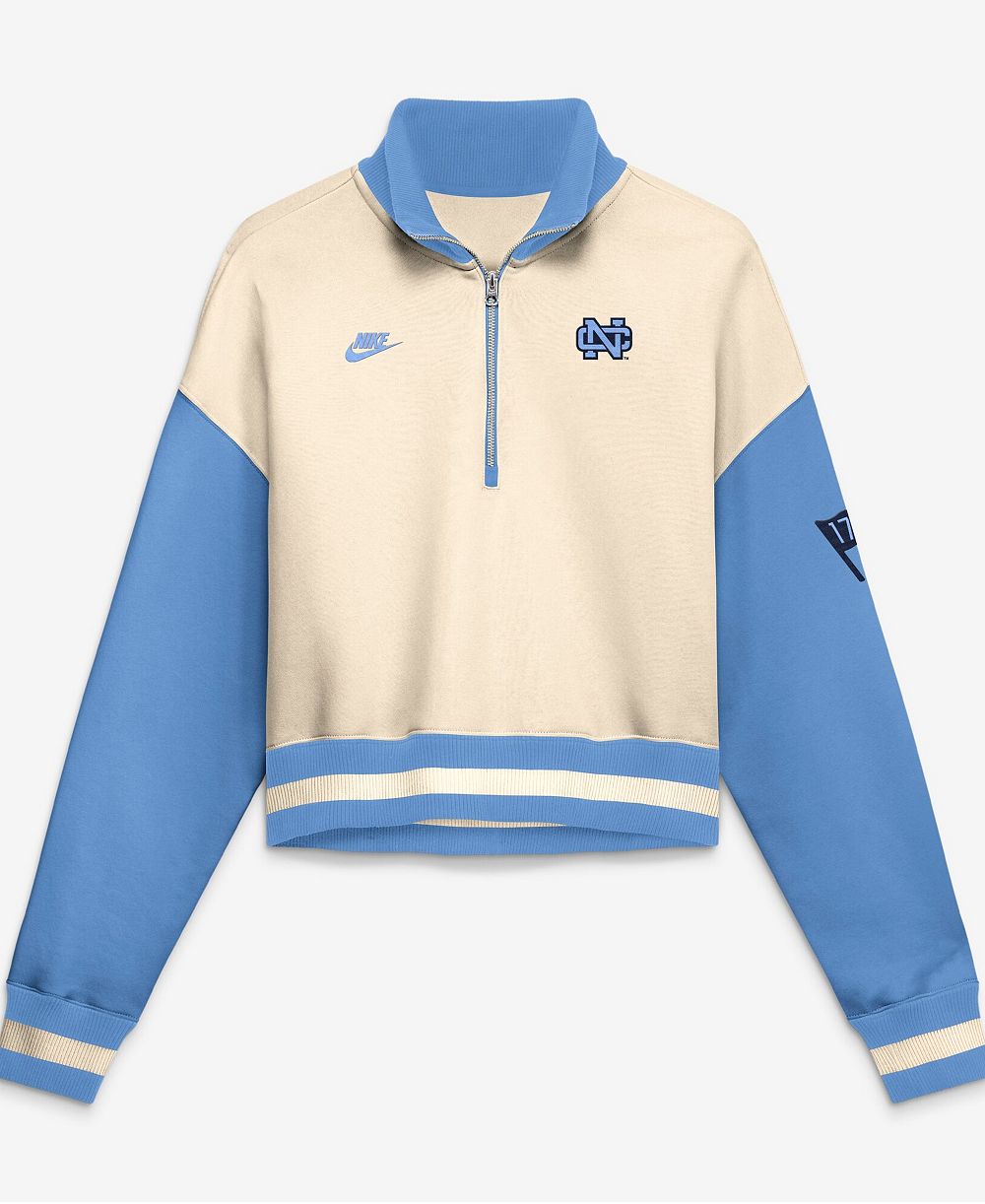 Женский укороченный пуловер Nike с четвертьзастежкой в стиле color block, цвета Natural/Carolina Blue, с логотипом North Carolina Tar Heels