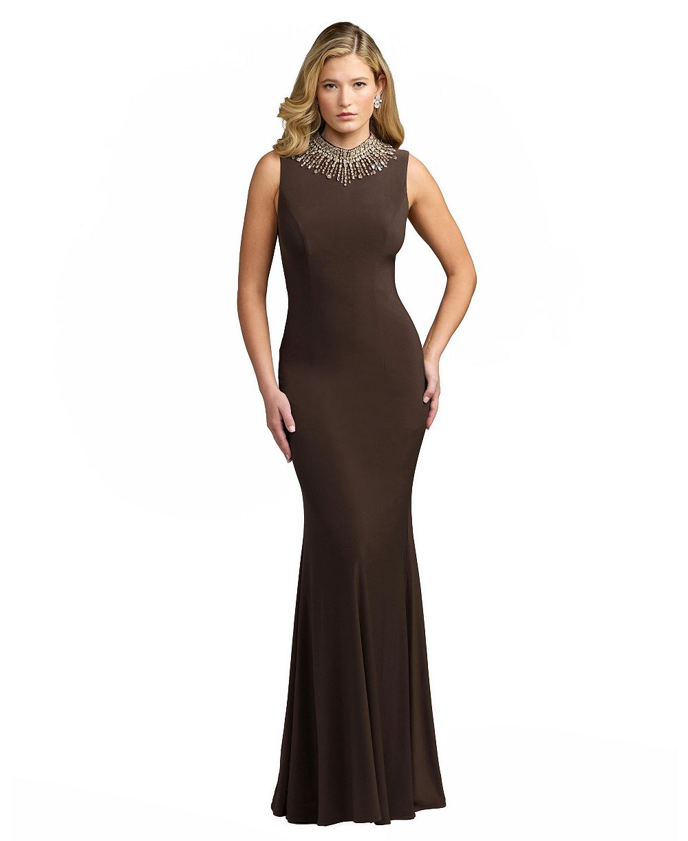 Mac Duggal женское вечернее платье с воротником-стойкой, коротким рукавом и декором из страз, трапециевидного силуэта