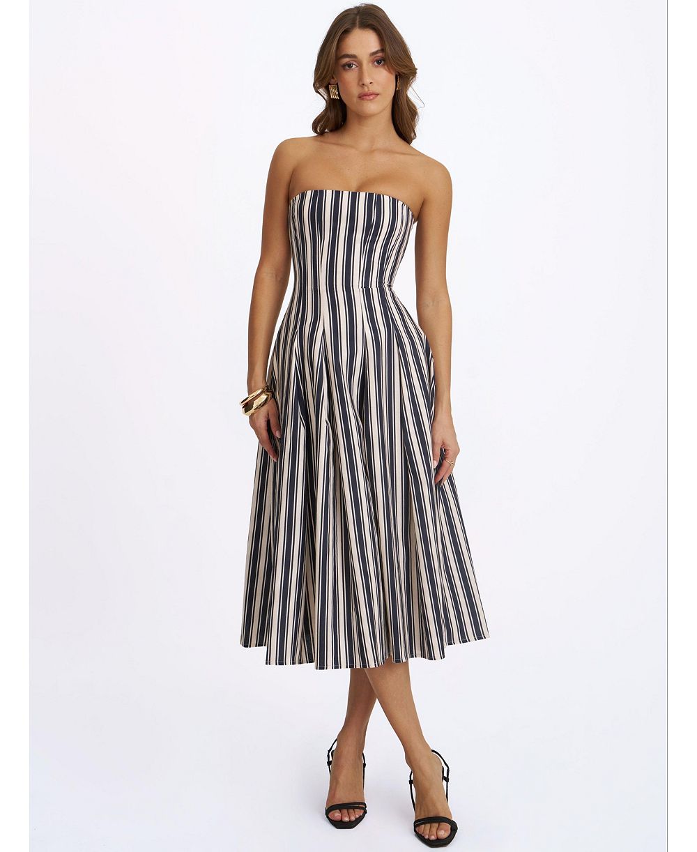 Miss Circle Women's Wyanne Linen-Blend Striped Strapless Midi Dress