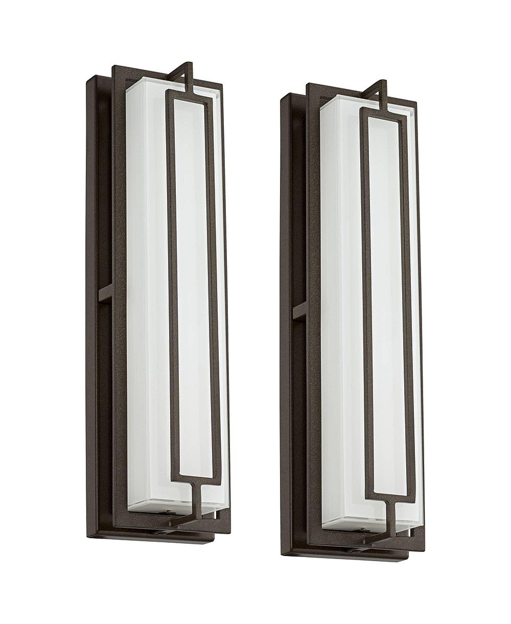 Possini Euro Design Belfonte Modern Outdoor Wall Light Fixtures Set of 2 Bronze Rectangular Frame LED 16 1/4" White Glass for Post Exterior