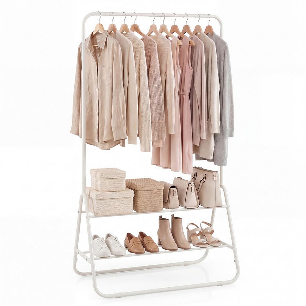 SUGIFT Heavy Duty Clothes Rack with Hanging Rod and 2 Storage Shelves Freestanding Garment Organizer